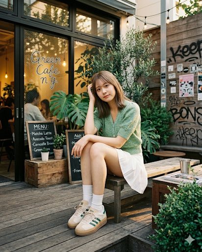 rina_kicks's tweet photo. 都会の隠れ家カフェに来たよ☕️🌿
広ーいウッドテラスで癒される〜✨

今日はグリーンのパフスリーブカーデと「adidas Gazelle Bold Cream Green」でカラーリンク💚たまにはこんな甘めカフェコーデもどうかな？🥰

👇インスタ動画も見てね！

https://t.co/dLylgqZed4

#adidas #スニーカー女子 #AIart https://t.co/36MIys0W2z