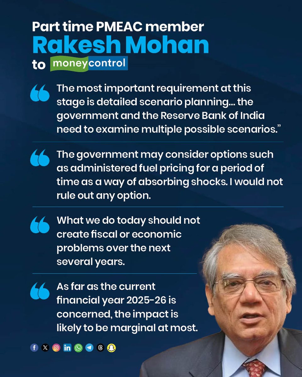 moneycontrolcom's tweet image. #MCInterview 🚨 | Full-spectrum policy response needed along with monetary tools in response to Iran shock: Rakesh Mohan

In conversation with @Meghnamittal23 👇
moneycontrol.com/news/business/…

🧵 Follow the thread to read more from the conversation! ⬇

#Policy #Iran