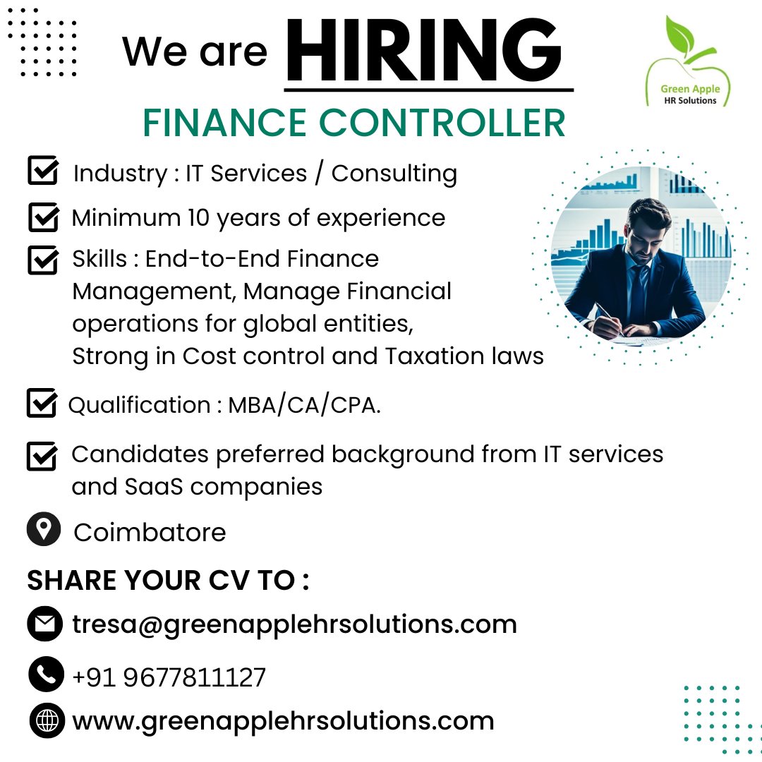 greenapplehr's tweet photo. We are looking for a FINANCE CONTROLLER with minimum 10 years of experience

Interested candidates can share your profile to tresa@greenapplehrsolutions.com or Reach @ 9677811127

Click here to apply : https://t.co/kmgA4PaVdx
#greenapplehrsolutions #finance #financecontroller https://t.co/xXTRAyZoPx