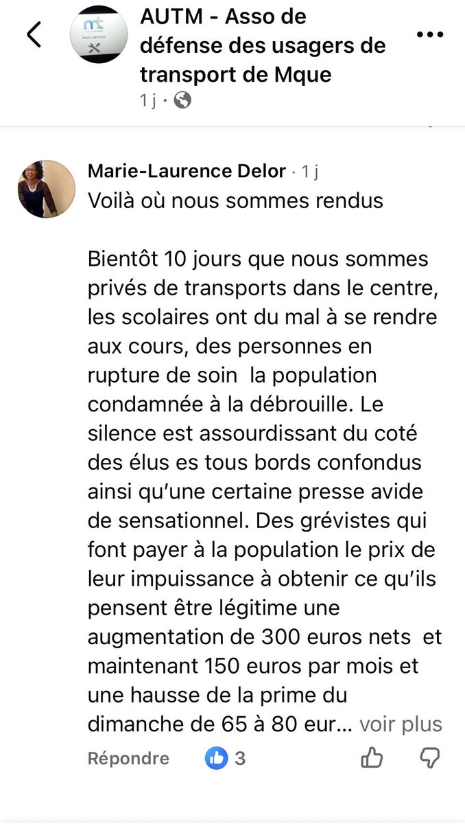 AgnesPanthone's tweet photo. 🚎Aujourd’hui, le 14eme jour sans transport en commun public et sans service minimum toujours inexistant en Martinique.
La France 🇫🇷est-elle au cœur de la Martinique?
Témoignage de la professeure de Philosophe, Marie-Laurence DELOR.⬇️⬇️
@EdouardGeffray @PhilippeTabarot @Serge_Lethimy @PhilippeNilor 
@PhilippeNilor @FredericBuval