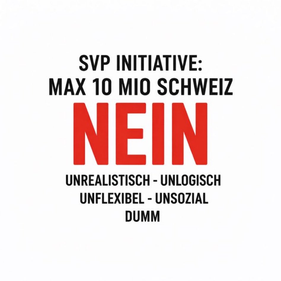 Dies___Das's tweet photo. 10 Mio Deckelung:

= Gefährdung der Bilateralen (PFA - 
siehe Brexit) 

= grössere Exportprobleme mit EU
(siehe Brexit)

= Firmenverluste u Abwanderung von Arbeitsplätzen
(siehe Brexit)

= Wohlstandsverluste
(siehe Brexit)

Alles klar messbar und belegt.

Wollen sie genau das? https://t.co/GtzjSDeHWt