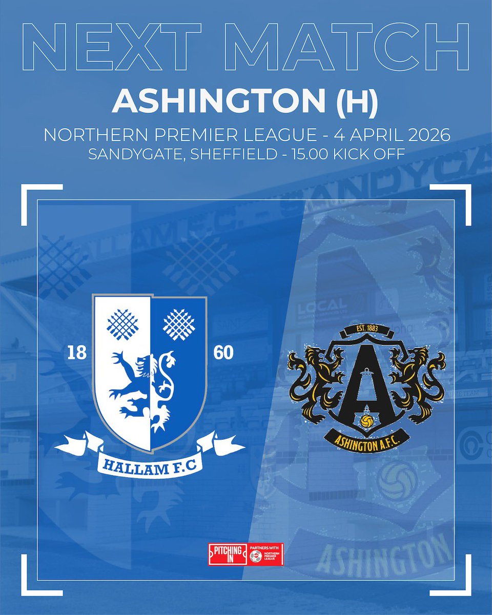 This Saturday. It’s another big one! 👊🏻💙

The Countrymen welcome <a href="/Ashington_FC/">Ashington AFC</a> to Sandygate this Saturday for what is a huge game for both sides, with your supported needed once again! 👏🏻 

🎟️ £9 Adults
🎫 £6 Concessions 
🧒 £2 Under 12 with Paying Adult 

#HallamFC