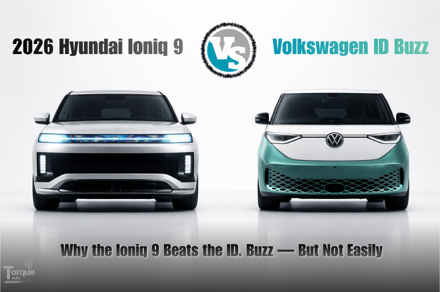 TorqueTales317's tweet image. 422hp vs. 335hp ⚡
311 miles vs. 190 miles 🔋 
$79K vs. $72K 💰

The 2026 Hyundai Ioniq 9 and VW ID. Buzz go head to head — and the winner isn't as obvious as the numbers suggest.

Full breakdown on Torque Tales: Link in bio!

#TorqueTales #Ioniq9 #IDBuzz #EVComparison #FamilyEV