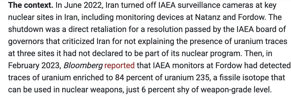zachweinberg's tweet photo. Some very scary reports about Iran that likely caused Israel to strike last year.

Most likely hypothesis: highly enriched uranium.

https://t.co/7e2ncPUpzE https://t.co/c6jU5iWQuc