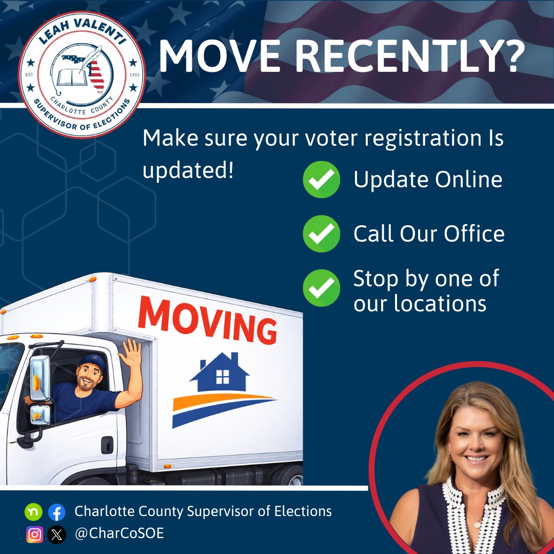 🚨 Moved recently? Update your address before you vote! 🗳️

Even a short move can change your polling place.
💻 SOECharlotteCountyFL.gov
📞 (941) 833-5400

#VoteLocal #YourVoiceYourVote