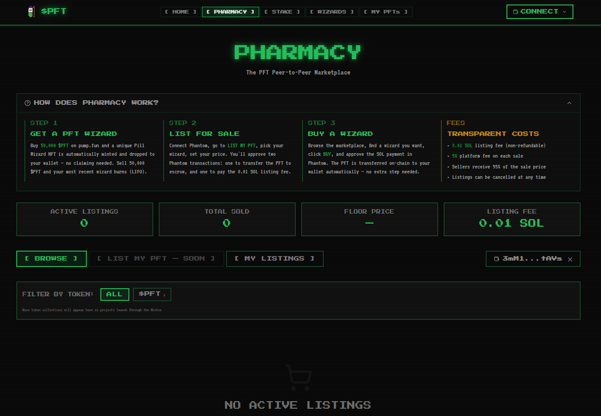 PFTdotLOL's tweet photo. Our The PFT Peer-to-Peer Marketplace is almost up!

The Pharmacy where you can buy, sell, and trade your PFT!

$PFT, Pump-Fungible Token

9R75XD7dAMZrix6puwgRr9nkwEi4SRFHDtFEhY1qpump

https://t.co/zZzKoN0xSt

Each PFT is a one-of-a-kind Pill Wizard generated entirely by code. Buy 50,000 $PFT to auto mint. Sell 50,000 $PFT & it burns. Only 10,000 in circulation.