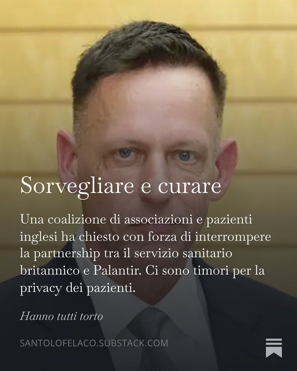 Palantir, azienda americana, spazia dalla sorveglianza di massa all’analisi di dati clinici, passando il supporto militare in Iran e a Gaza. Ne parlo in questo articolo.

santolofelaco.substack.com/p/sorvegliare-…