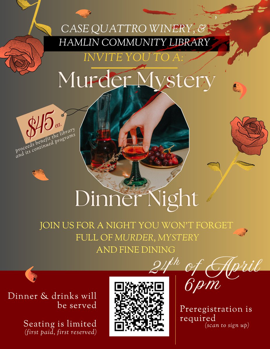 waynecountypa's tweet photo. Hamlin Community Library invites you to a Murder Mystery Dinner Night🌹
Proceeds benefit the library and its continued programming. 

🗓️Friday, April 24th
⏰6pm
📍518 Easton Tpke. Lake Ariel PA 18436
🎟️$45 per person
🔗 https://t.co/4isnO2xwLd

#waynecountypa #supportyourlibrary https://t.co/MNCFRykr9O