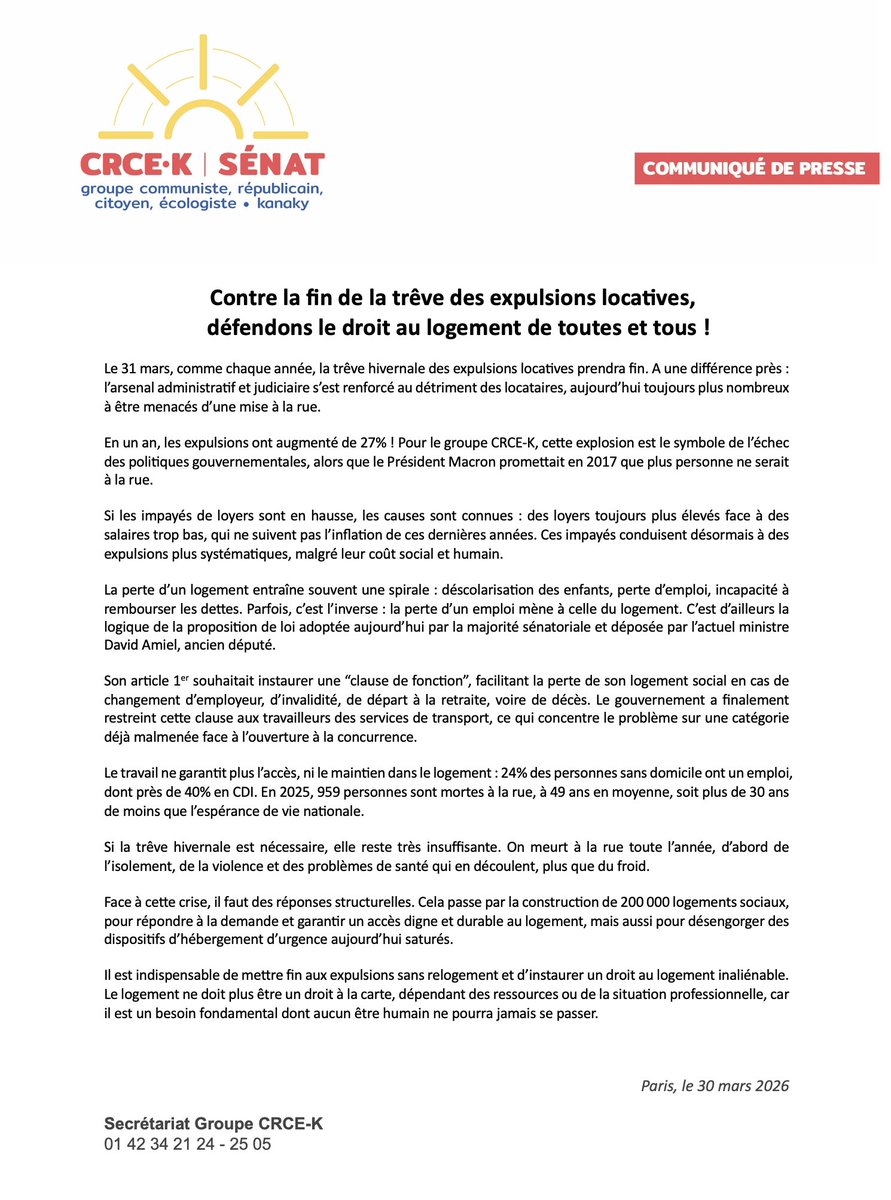 Au 31 mars, les expulsions locatives reprennent… et explosent (+27% en un an). Pendant que les loyers grimpent et que les salaires stagnent, des milliers de personnes sont menacées.
➡️Construire des logements sociaux
➡️Stopper les expulsions sans relogement
Le CP ↩️