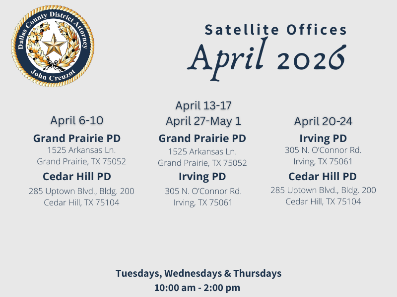 Dallas_DA's tweet photo. April Satellite Office Schedule! 

Reminder -- these offices are open Tuesday-Thursday from 10am-2pm.

Please do not hesitate to visit an office near you should you need assistance in your journey to obtain justice. https://t.co/q1knFt1hDV