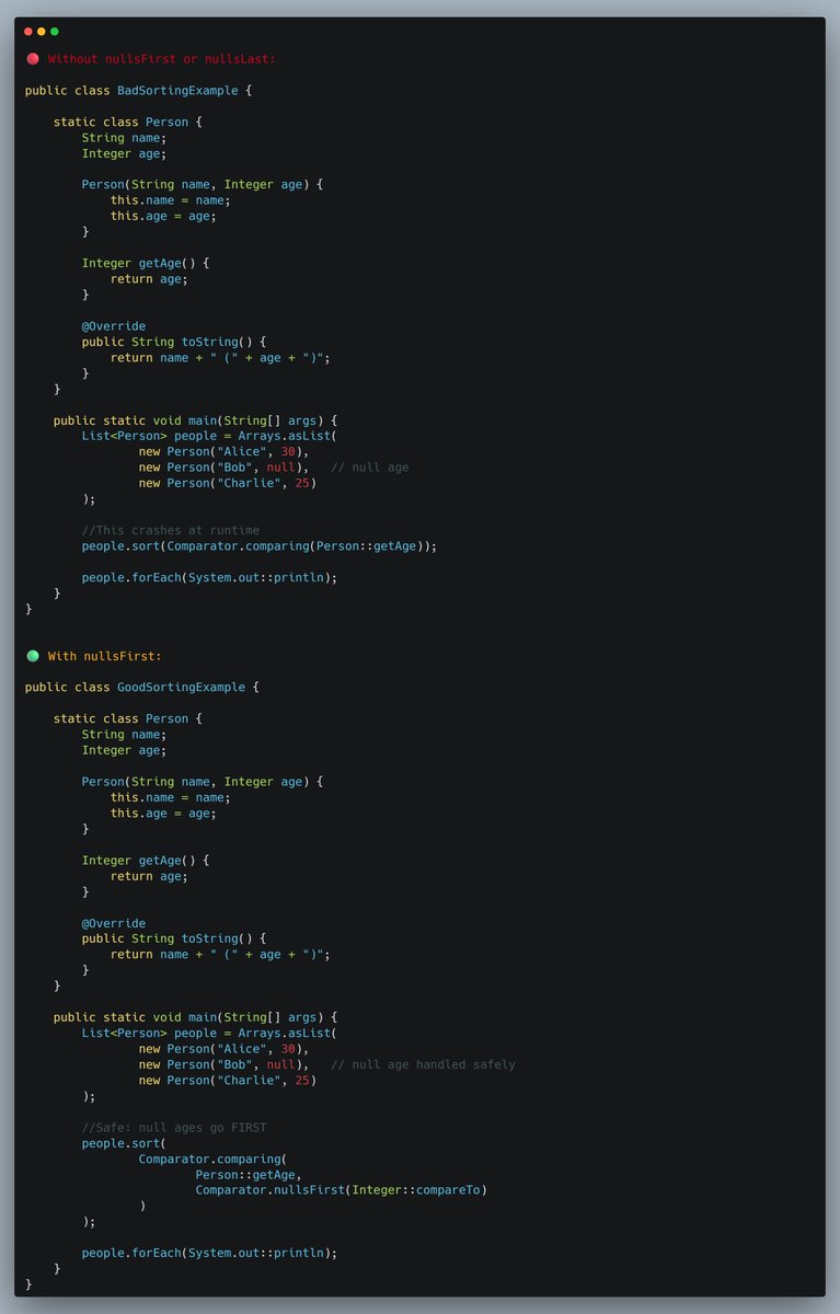 🚀 Java: Use Comparator.nullsFirst() or Comparator.nullsLast() for safe ...