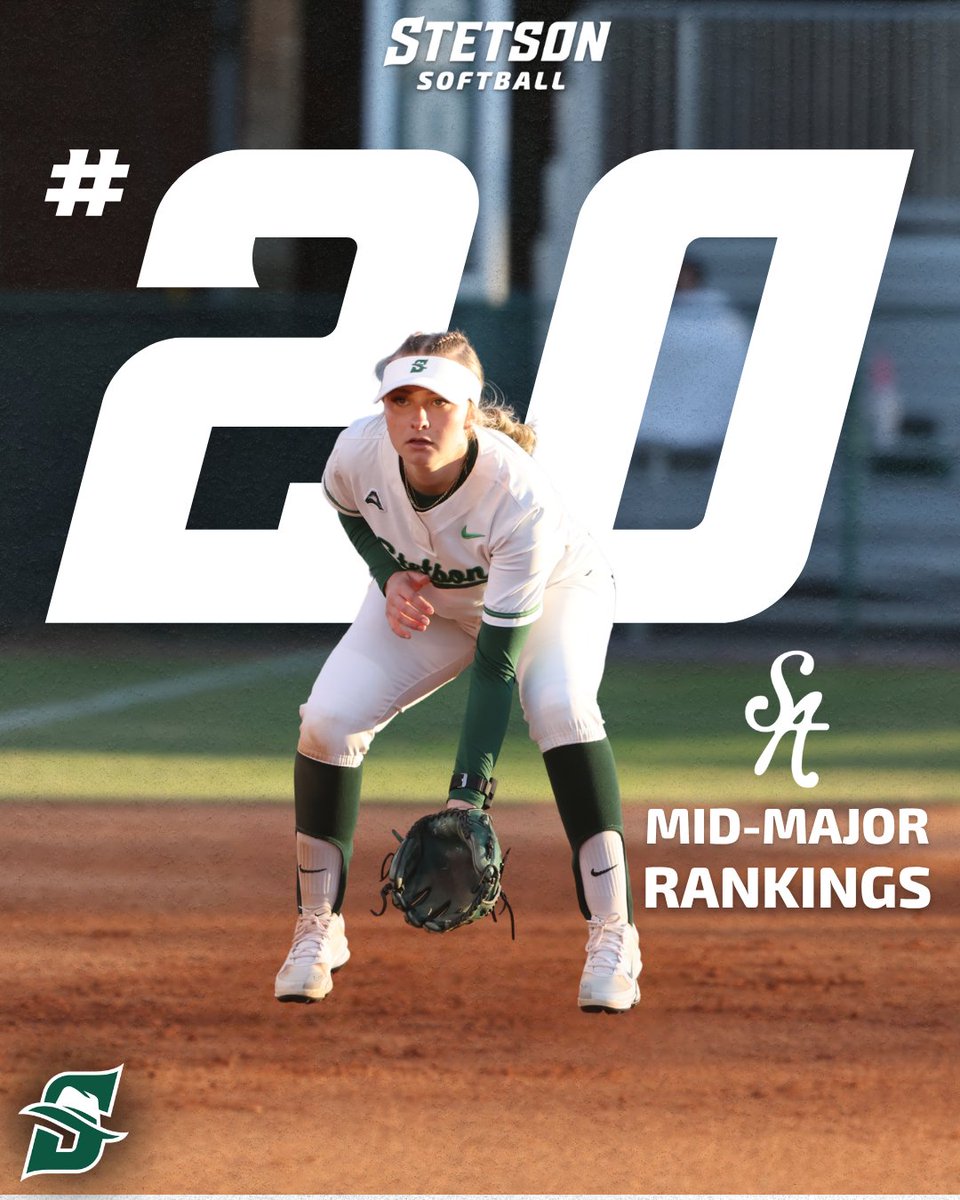 𝐓𝐨𝐩 𝟐𝟎 𝐢𝐧 𝐌𝐢𝐝-𝐌𝐚𝐣𝐨𝐫𝐬. 𝐓𝐰𝐢𝐜𝐞.

The Hatters check in at No. 17 in the <a href="/D1Softball/">D1Softball</a> and No. 20 in the <a href="/SoftbalAmerica/">Softball America</a> Mid-Major Rankings!

#GoHatters | @stetsonhatters