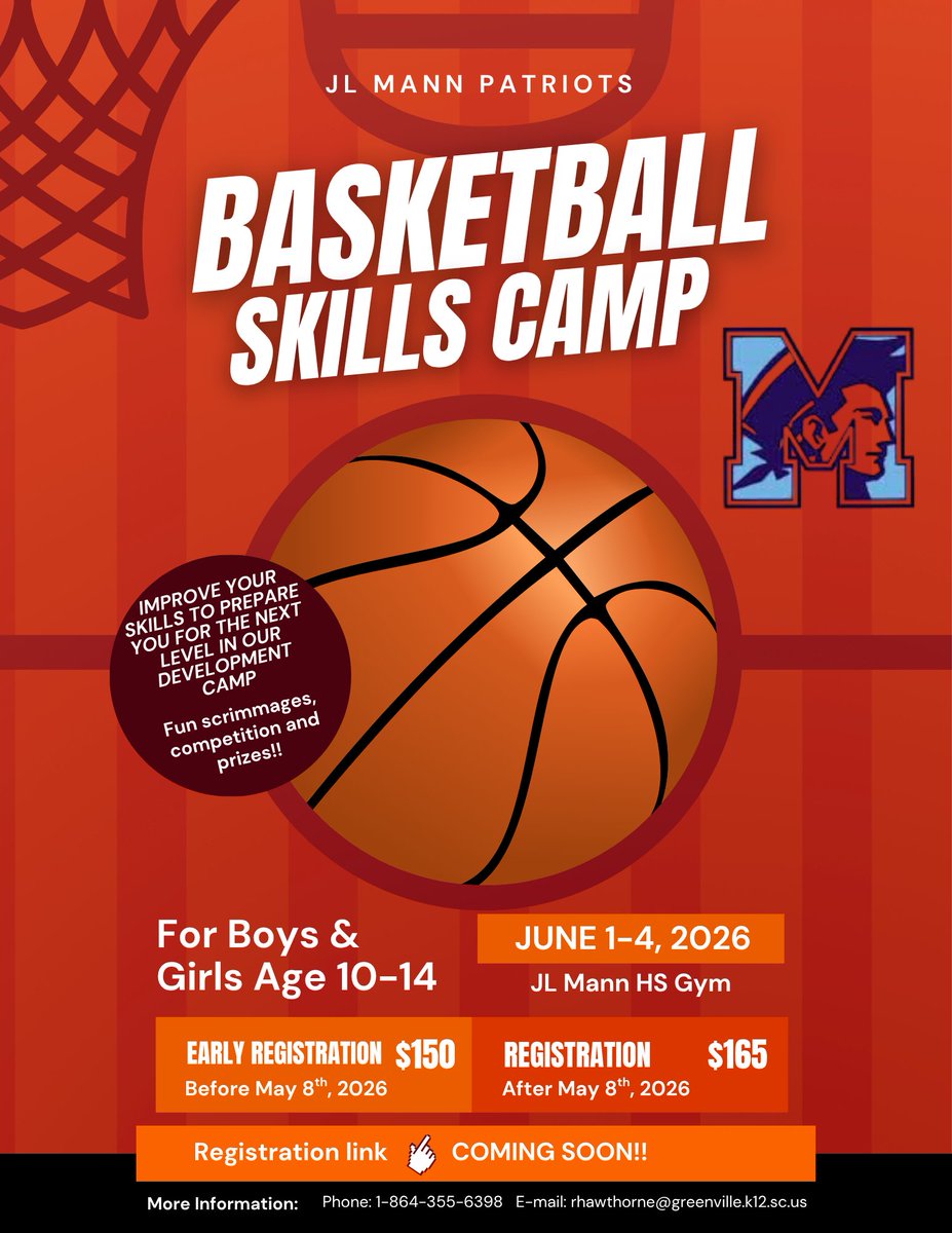 AthleticsJl's tweet photo. The Patriot Basketball Camp will be June 1-4 this summer, see the flyer for more details! #onemann #mannup https://t.co/Z59jvUlSmL
