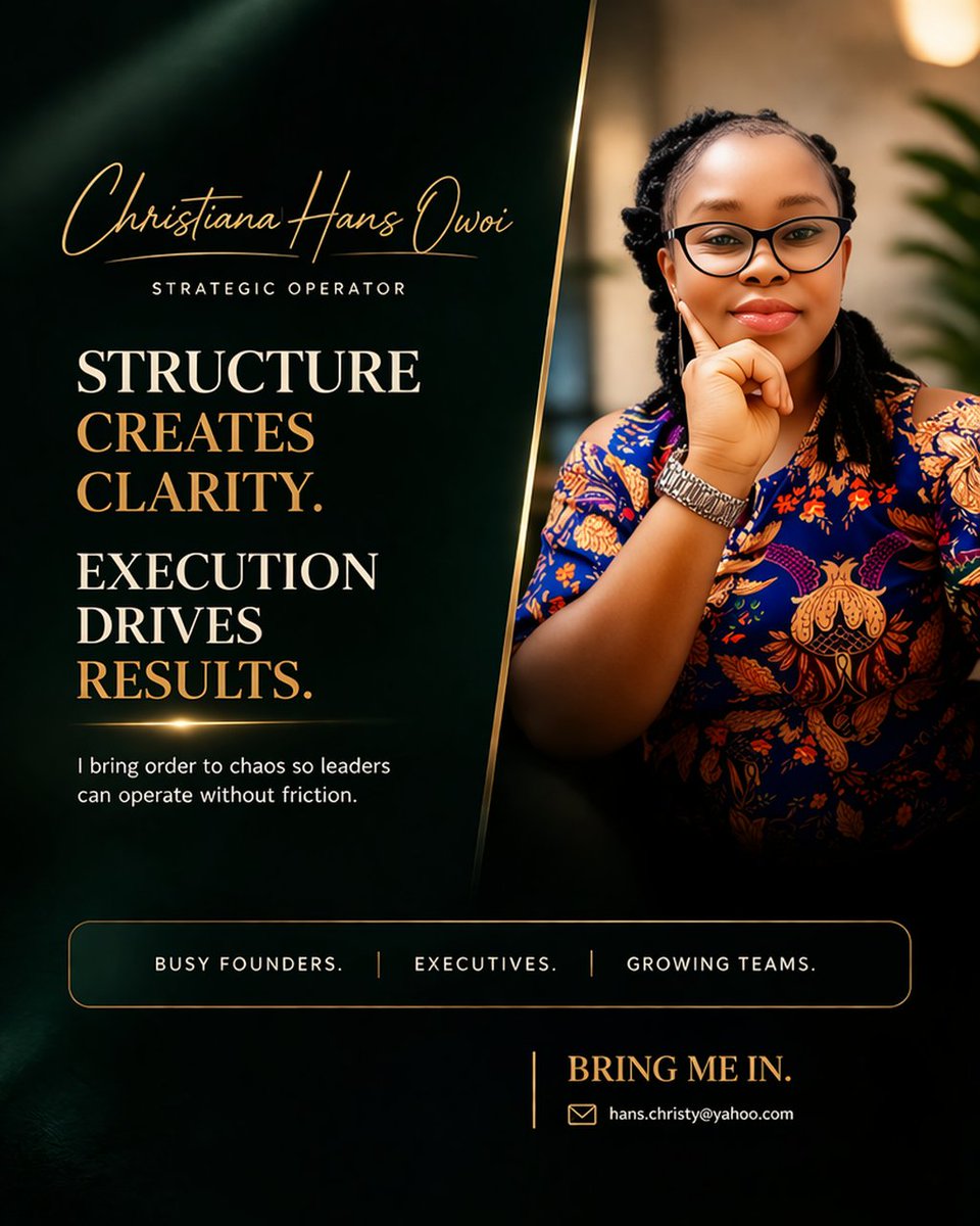 ChristianaOps's tweet image. Christiana Hans Owoi

The reason things don’t fall apart behind the scenes.

I bring order to moving parts, clarity to chaos, and execution that holds under pressure.

If things feel messy… I fix that.

Bring me in.

#ProjectManager #Operations #CustomerSupport #RemoteJobs
