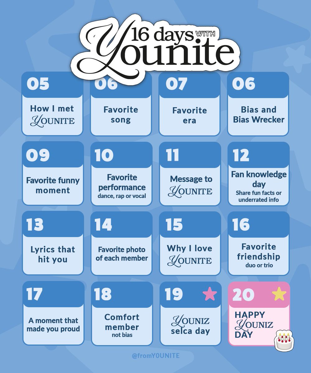 16 Days With YOUNITE💫

From April 5 to April 20, let’s celebrate YOUNITE’s anniversary together with daily posts and memories 🥹🎉

Join us and post every day using #16DayWithYOUNITE and tagging <a href="/YOUNITE_twt/">YOUNITE</a>  <a href="/YOUNITE_offcl/">YOUNITE</a>