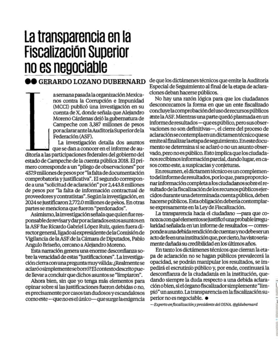 gldubernard's tweet image. #ULTIMAHORA #ASF #TRANSPARENCIA 

Excelente inicio de Semana Santa. 

Mi columna de hoy en @El_Universal_Mx 

"La transparencia en la Fiscalización Superior no es negociable"
 
"No hay una razón lógica para que los ciudadanos desconozcamos la forma en que un ente fiscalizado