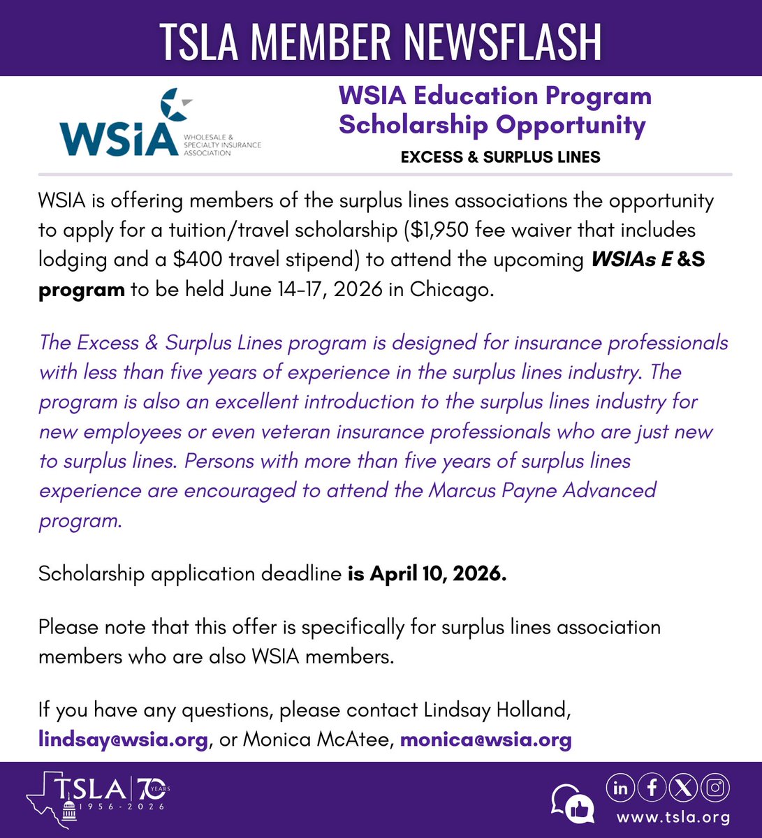TSLA_inc's tweet photo. WSIA is offering scholarships for two programs. Apply by April 10, 2026!

Apply here for the E&amp; S Program: https://t.co/hjO5sToKCs

Apply here for the Advanced E&amp;S Program: https://t.co/TUFvRRhQwH https://t.co/apuRO60EAV