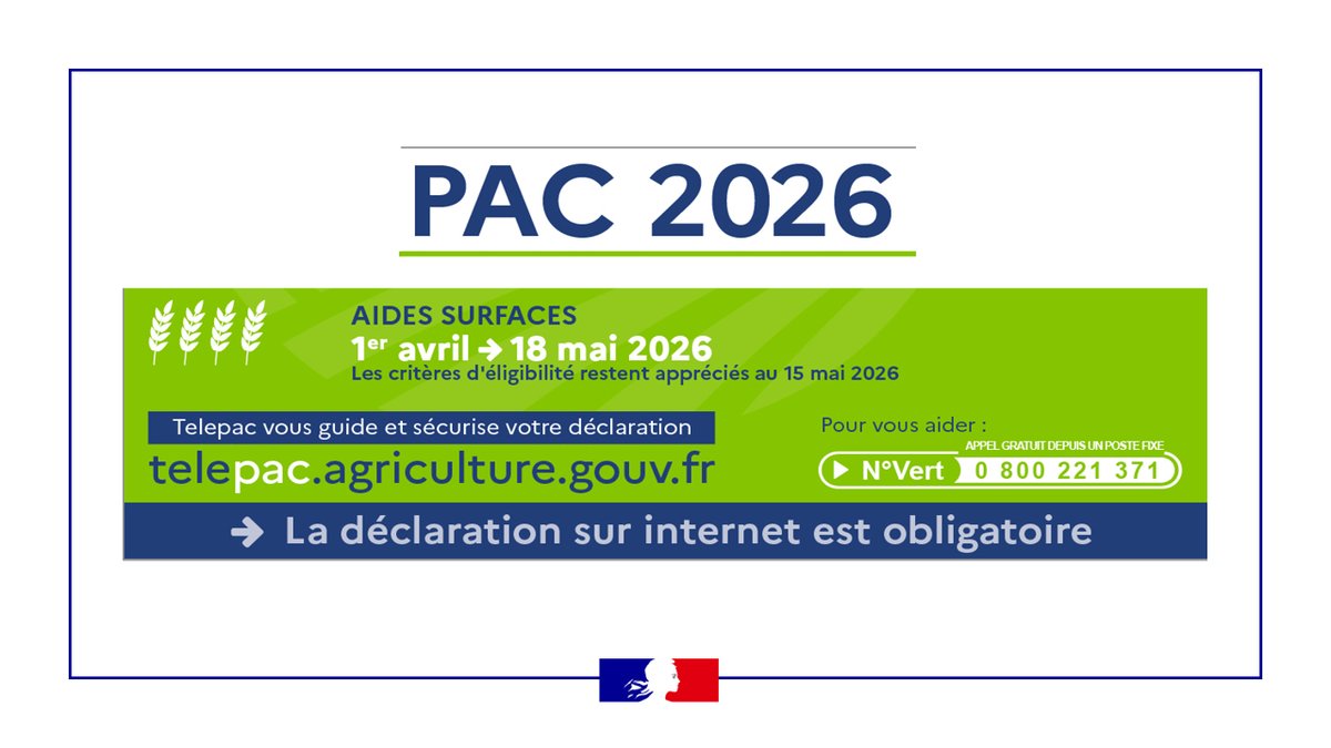 Image de Préfet des Deux-Sèvres - #Agriculture | PAC 2026&nbsp;:ouverture des déclarations surfaces

📅 Du 1er avril au 18 mai 2026 inclus,