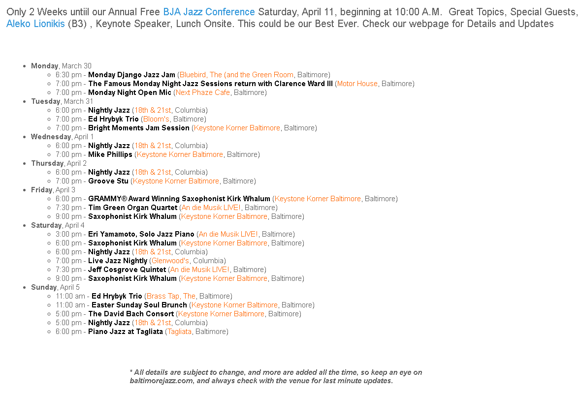 BaltimoreJazz1's tweet photo. Where's the Jazz? Here's what's happening in the Baltimore jazz scene this week - if we're missing something, let us know! Find complete details (or better still, add your own events!) at https://t.co/iQ9ikOvwOC #baltimorejazz #wheresthejazz
Member-supported, volunteer-run, BJA https://t.co/7Q7iux9qOO