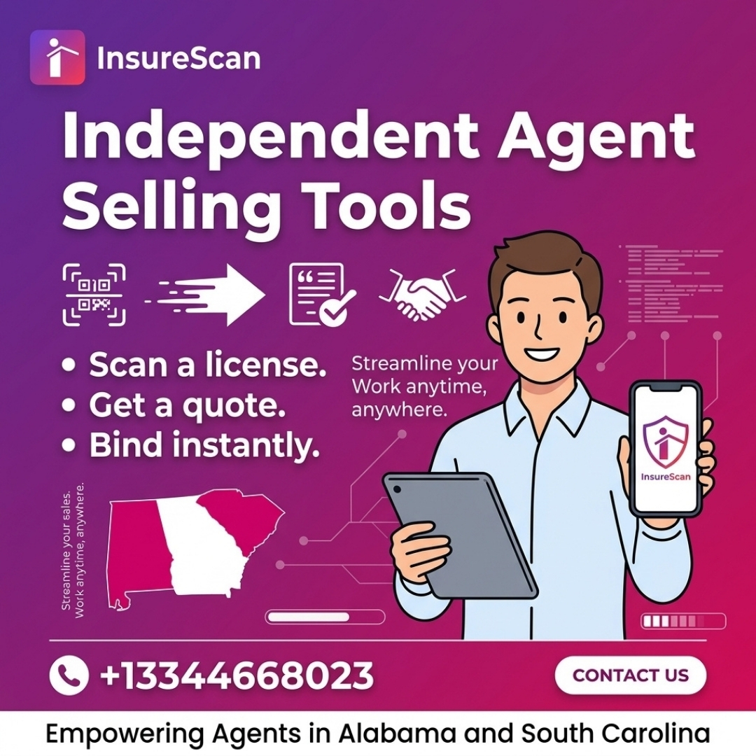 AL, SC agents: keep moving with mobile-first quoting—less manual entry, faster turnarounds, more customers; call 334-466-8023, available in Texas June 2026. #InsureScan #IndependentAgents #MobileQuoting #AutoInsurance #AgentTools #Alabama #SouthCarolina #Texas #Insurtech