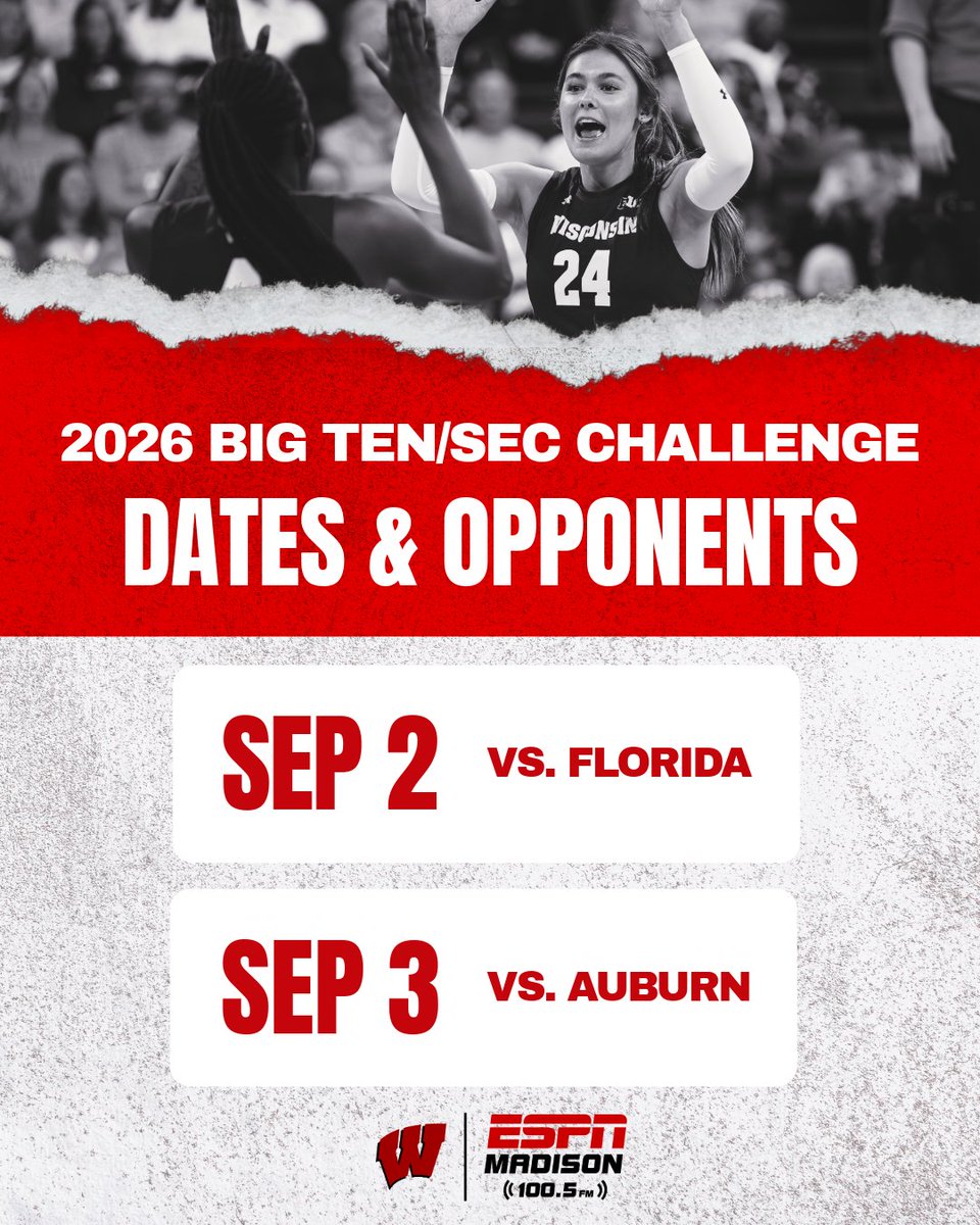WELCOME TO OUR HOUSE 🏐

#Wisconsin Volleyball has been named a host site for the inaugural 2026 Big Ten/SEC Volleyball Challenge Week!

ESPN Madison is your proud home for Badger Volleyball! #OnWisconsin