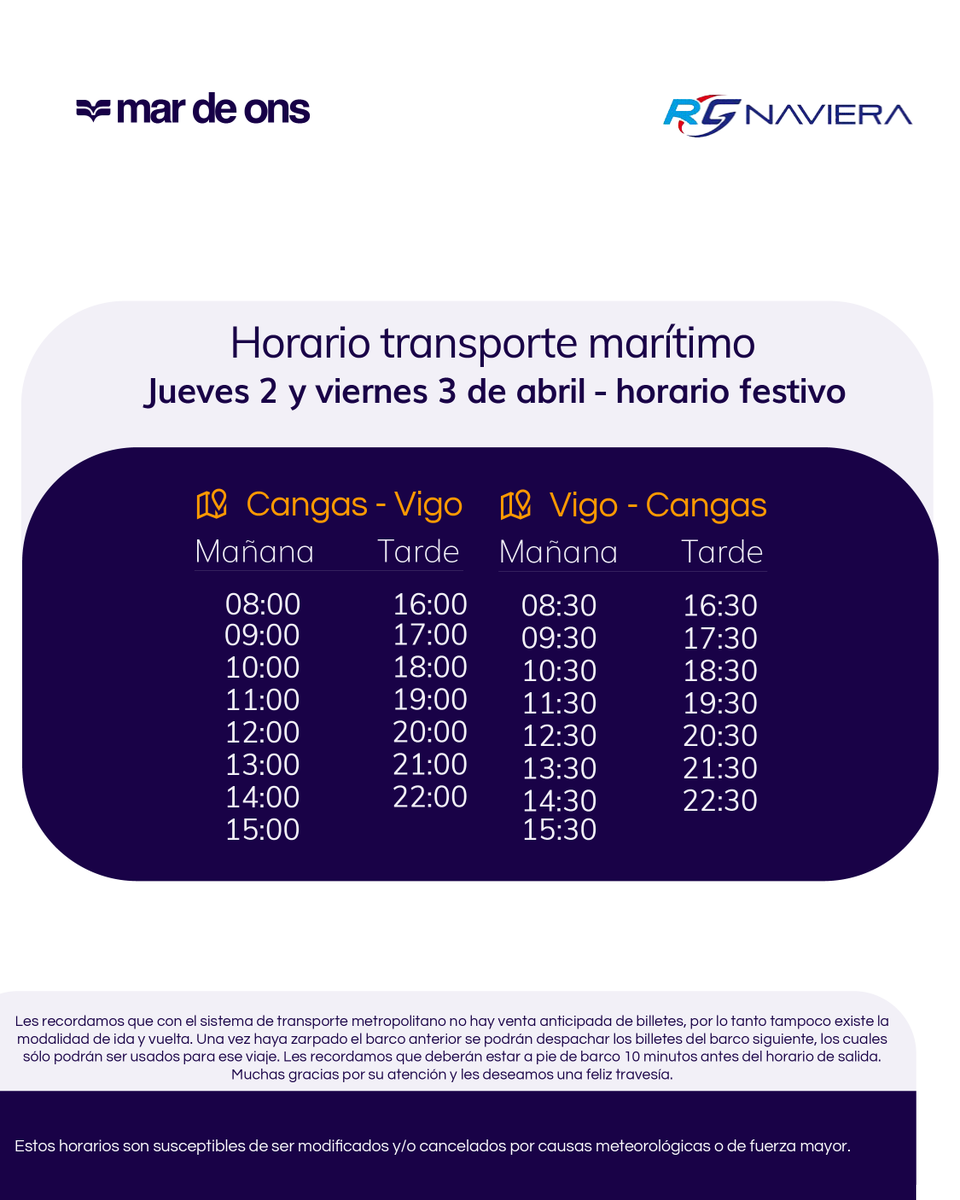 MardeOns's tweet photo. Estamos en Semana Santa y nuestros barcos siguen cruzando la Ría de Vigo como cada día. 🛳️ 🌊

Aquí os dejamos los horarios de los días festivos 2 y 3 de abril (Jueves y Viernes Santo) de nuestro transporte marítimo que conecta Cangas - Vigo, Vigo - Cangas.
¡Nos vemos a bordo! 💙 https://t.co/cgq0PYDQGL