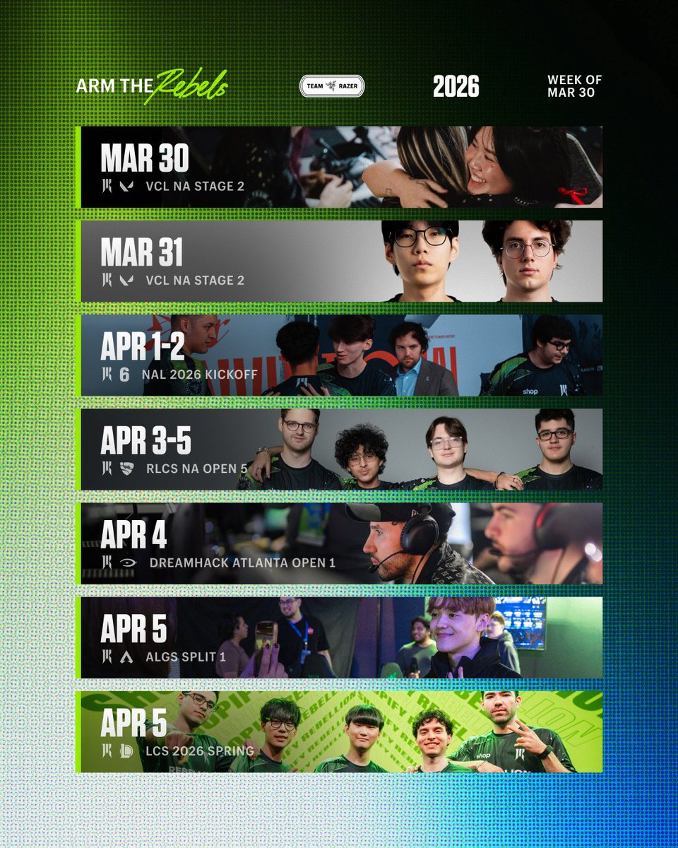 Another packed week for Shopify Rebellion 💚 

We see the return of <a href="/SRLOL/">Shopify Rebellion League of Legends</a>, R6 &amp; ALGS, and the fun continues with <a href="/SRVAL/">Shopify Rebellion VALORANT</a>, RLCS &amp; Halo!

#ArmTheRebels