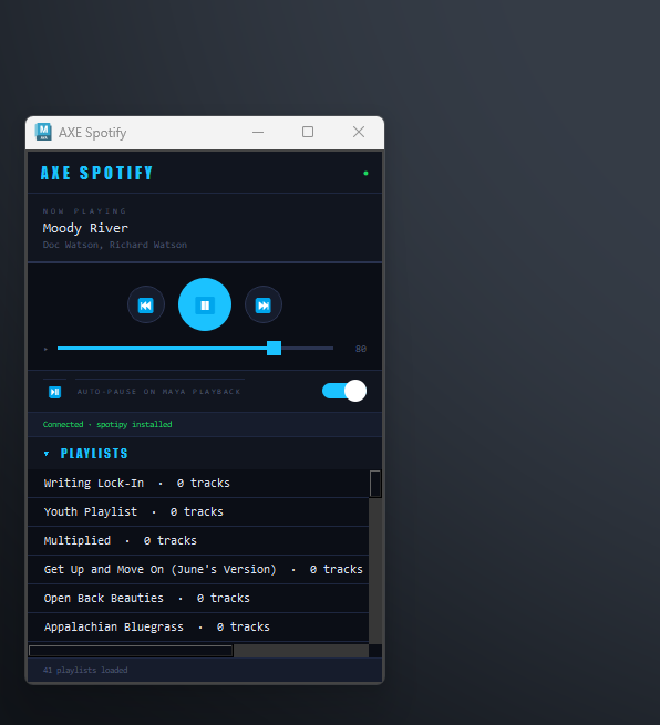 Long_Winter's tweet image. SPOTIFY IN MAYA :: 
I'm tired of turning my tunes down when I listen to my lip-sync! I'll bet you are too. 

- Auto volume on scrub/playback
- Play | Pause | Volume | PLAYLISTS, all in maya. 

Yes, you need this and it's free.
longwintermembers.com

#Maya3D #CharacterAnimation