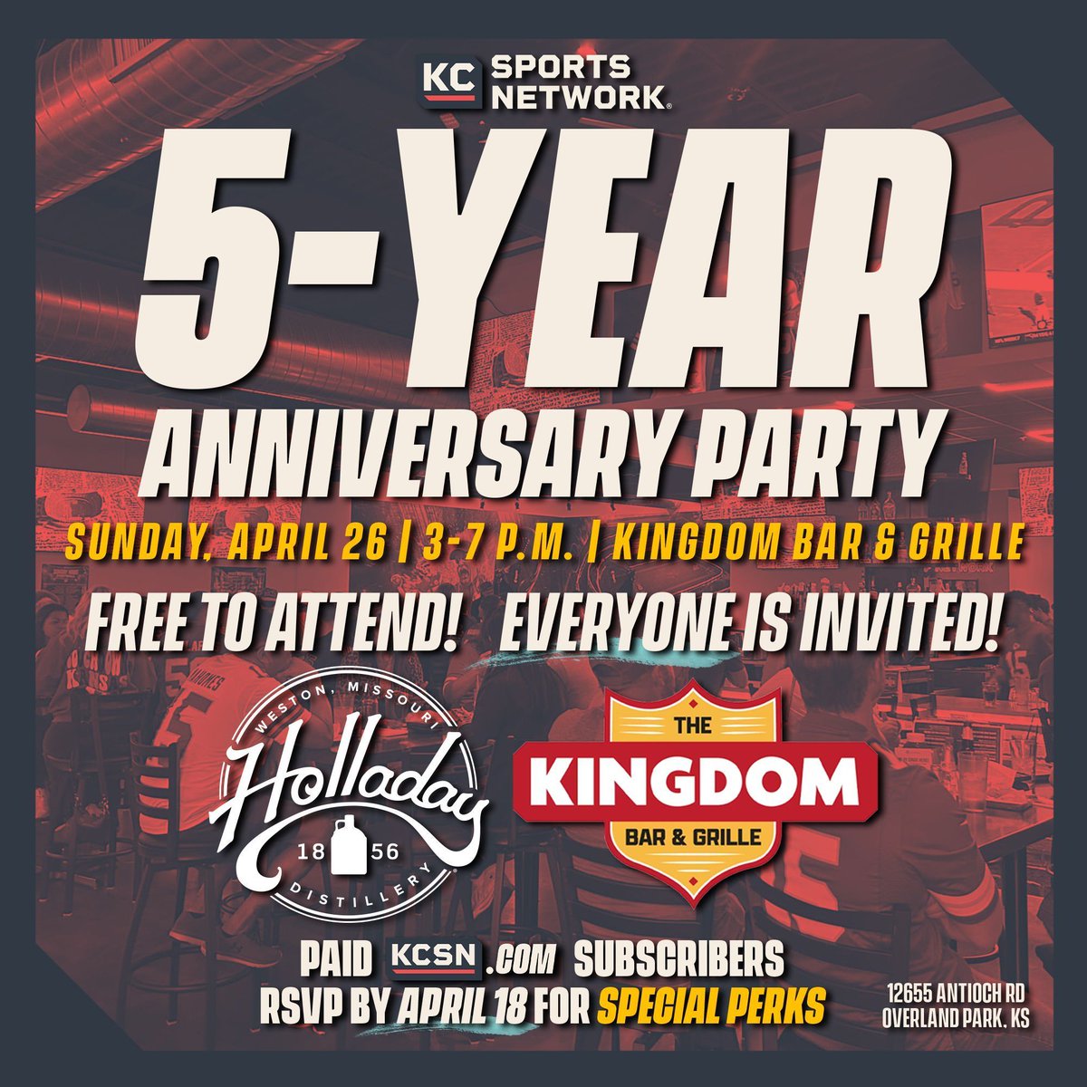 KCSportsNetwork's tweet photo. 🎉 We’re turning FIVE! 🎉

Come celebrate with us at our 5-Year Anniversary Party — it’s FREE to attend and open to everyone!

📅 Sunday, April 26
⏰ 3–7 PM
🥃 @Holladay1856
📍 @KingdomBarKC https://t.co/JpipntNRwu