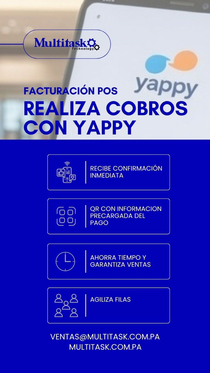 multitasktech's tweet photo. Nuestro sistema de facturación se integra con Yappy , qué esperas para contactarnos? No pases pena con los clientes, instala un sistema completo como el nuestro.  
*Sin demoras, sin pantallas congeladas.
*Reportes
*Sincroniza sucursales
Tel.836.7132
ventas@multitask.com.pa
Panamá https://t.co/pfKpd0MDXm