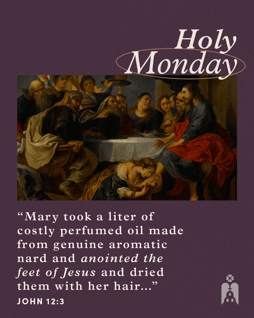 lacatholics's tweet photo. Mary’s anointing of Jesus’ feet — a sign of deep devotion and love — is criticized by Judas as being wasteful. 

#HolyMonday: Reflect on this scene, praying for the courage to always embrace Jesus, even when it’s inconvenient or criticized by others. https://t.co/1j0dKPjOoU