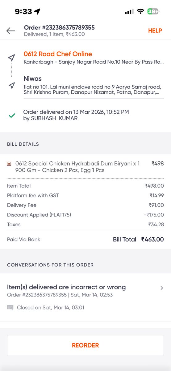 niwas_ranjan's tweet photo. It was my order which damsafar biryani canceled my order and road chef just showing they have delivered my order but I didn’t received but swiggy  sent me the msg they have refund me but still I am waiting for the amount. @SwiggyCares @Swiggy @consumerforum_ @consumercell https://t.co/OnkJxyr2ri