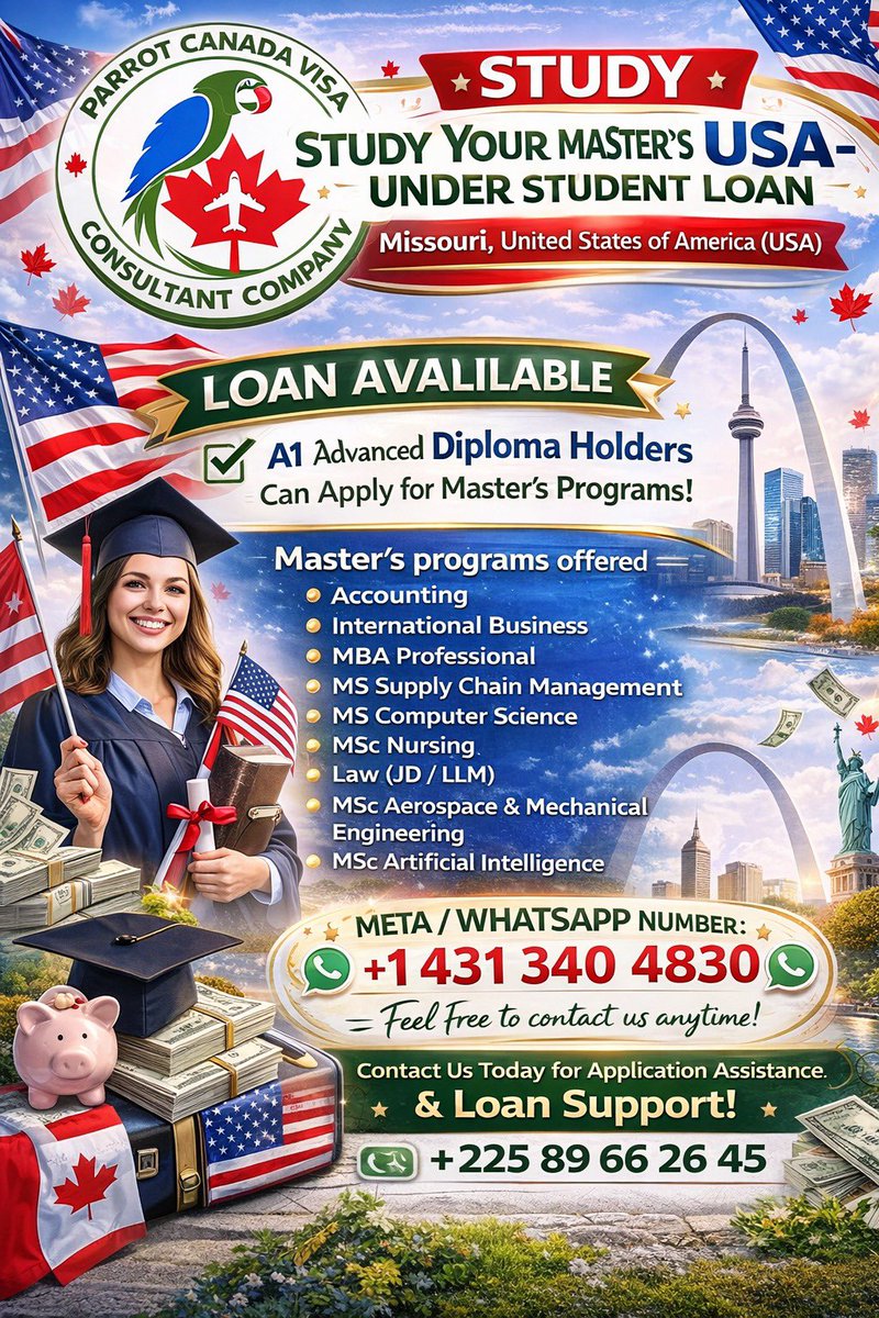 🎓 *STUDY YOUR MASTERS USA EVEN IF YOU HAVE ADVANCED DIPLOMA(A1) – USA 🇺🇸*
Good news! Student loan opportunities are available for eligible applicants.
📢Important Update
Students holding an Advanced Diploma (A1)are eligible to apply and be admitted directly into Master's Degree