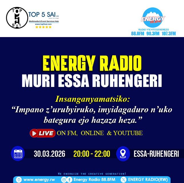 ENERGY888FM's tweet photo. Tubararikiye gukurikira ikiganiro cyihariye #EnergyRadio, igirana n'abayobozi ndetse n'abanyeshuri mu ishuri rya ESSA-Ruhengeri.

Insanganyamatsiko:  𝐈𝐦𝐩𝐚𝐧𝐨 𝐳’𝐮𝐫𝐮𝐛𝐲𝐢𝐫𝐮𝐤𝐨, 𝐢𝐦𝐲𝐢𝐝𝐚𝐠𝐚𝐝𝐮𝐫𝐨 𝐧’𝐮𝐤𝐨 𝐛𝐚𝐭𝐞𝐠𝐮𝐫𝐚 𝐞𝐣𝐨 𝐡𝐚𝐳𝐚𝐳𝐚 𝐡𝐞𝐳𝐚.

Ikiganiro kiranyura live kuri Energy Radio no kuri YouTube  channel yacu kuri uyu mugoroba (20:00' – 22:00').

@Rwanda_Edu @REBRwanda @NESA_Rwanda @RwandaNorth @MusanzeDistrict @Muhoza_sector