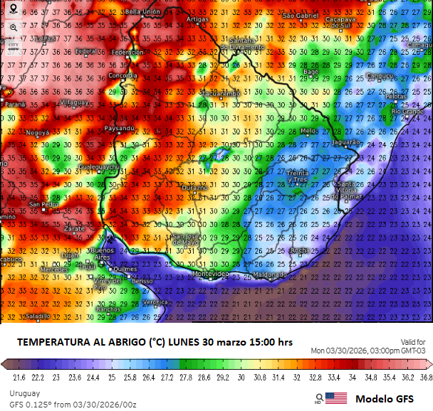 mario_bidegain's tweet image. #Temperatura al abrigo prevista por #GFS para LUN30mar a 15:00 hora local. Se esperan 35/36°C sobre Artigas (URU) y 37°C en Paraná (E.Ríos/ARG). Sobre litoral atlántico 24/25°C (Rocha/URU). En #Montevideo 26/27°C y en #CABA 27/28°C.