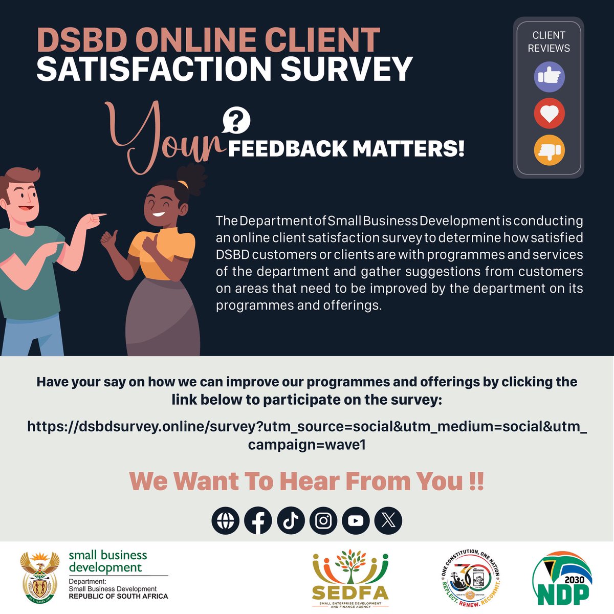 DSBD_SA's tweet image. 📢 Your feedback matters. Take the DSBD online client satisfaction survey &amp;amp; shape the future of small business programmes. 👉 dsbdsurvey.online/survey?utm_sou… #DSBD #SmallBiz #Feedback #SA