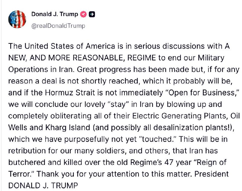 hey_itsmyturn's tweet image. President Trump @POTUS On Truth:

"The United States of America is in serious discussions with A NEW, AND MORE REASONABLE, REGIME to end our Military Operations in Iran. Great progress has been made but, if for any reason a deal is not shortly reached, which it probably will be,