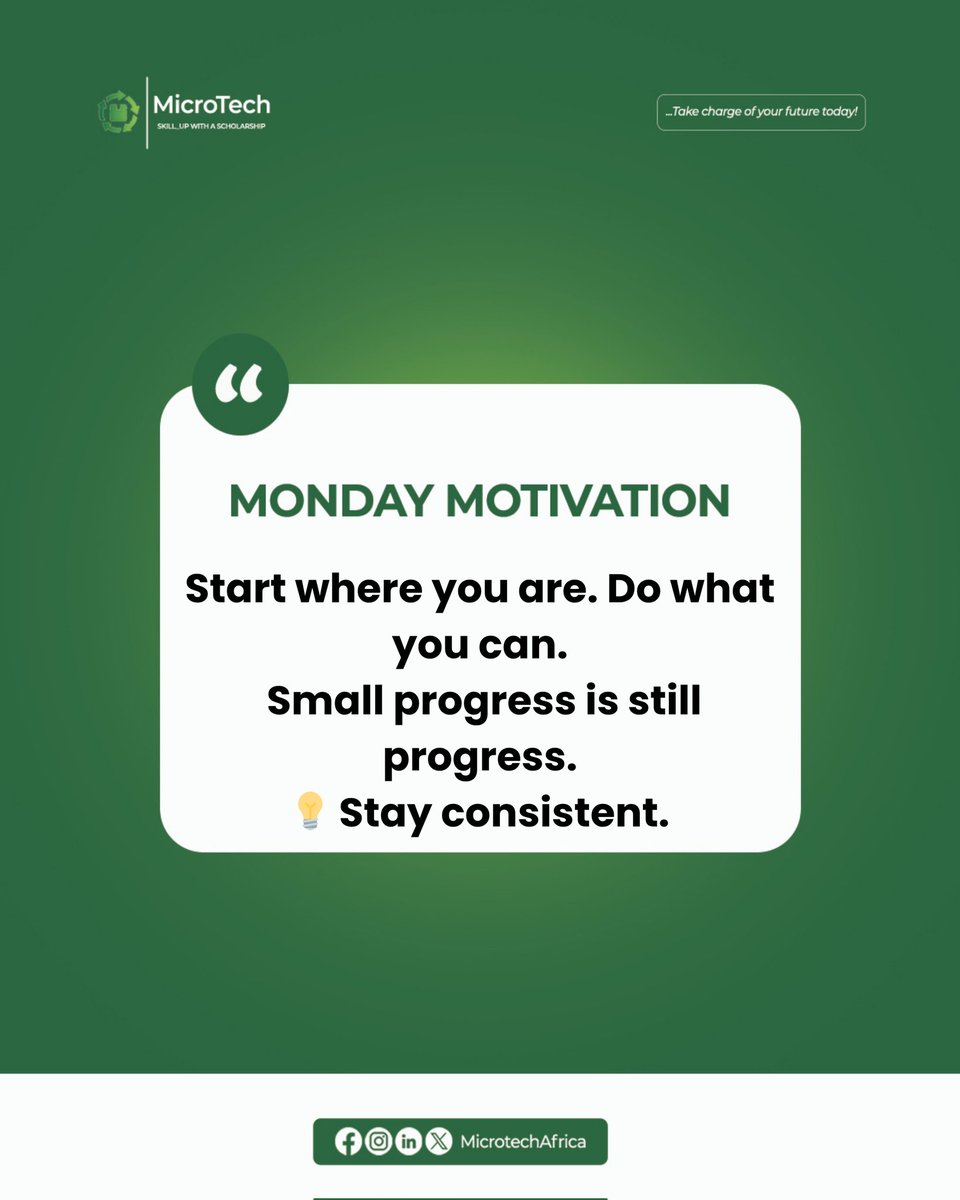 Every small step counts. 

Start where you are, focus on what you can do, and watch your progress grow.

 Let’s make this week productive! 💪✨

 #MondayMotivation #KeepMoving #Productivity #microtechafrica