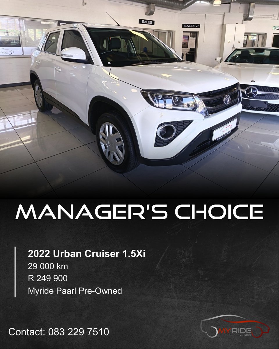 MyRidePre_Owned's tweet photo. Meet the 𝐌𝐚𝐧𝐚𝐠𝐞𝐫'𝐬 𝐂𝐡𝐨𝐢𝐜𝐞 for this week! 🌟 This stunning 𝟐𝟎𝟐𝟐 𝐓𝐨𝐲𝐨𝐭𝐚 𝐔𝐫𝐛𝐚𝐧 𝐂𝐫𝐮𝐢𝐬𝐞𝐫 𝟏.𝟓𝐗𝐢 is ready for its next adventure. With only 𝟐𝟗 𝟎𝟎𝟎 𝐤𝐦 on the clock, it’s the perfect blend of style, reliability, and value. Don't let this one drive away without you! Come down and take it for a spin today. 🚗💨✨

📍 Visit 𝐌𝐲𝐑𝐢𝐝𝐞 𝐏𝐚𝐚𝐫𝐥 today 32 Jan Van Riebeeck Dr, Bella Vista, Paarl, 7646.
📞Call: 𝟎𝟐𝟏 𝟐𝟎𝟎 𝟐𝟖𝟖𝟗 to enquire!

#MyRidePaarl #ToyotaUrbanCruiser #1.5Xi #PreOwnedVehicles #ManagersChoice