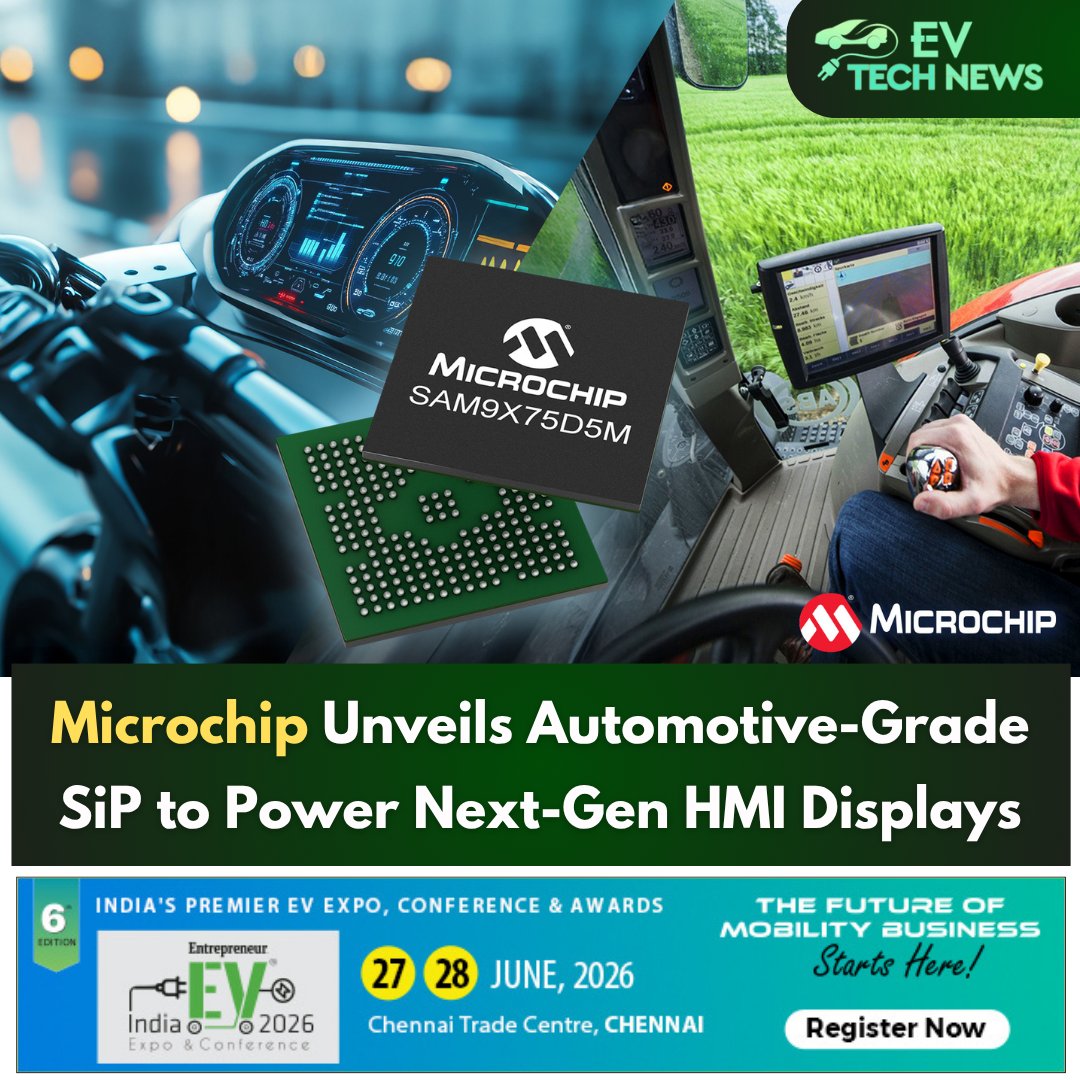EVTechNews's tweet photo. Microchip launches SAM9X75D5M SiP for advanced automotive & e-mobility HMI systems, integrating Arm926EJ-S + 512 Mbit DDR2 for compact, efficient displays.
๐๐๐๐ ๐๐จ๐ซ๐: https://t.co/M4ZuxzWBG6
#Microchip #AutomotiveTech #HMI #NextGenTechnology #SmartDisplays #SiP https://t.co/w5CdgzGhG7