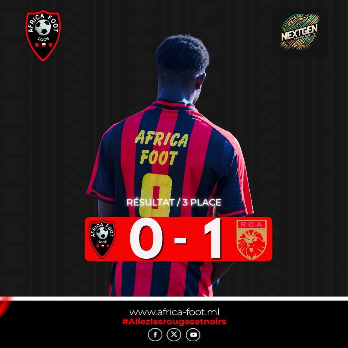 AfricaFootMali1's tweet image. Petite Finale | Africa Foot 0️⃣-1️⃣ RCA
Une défaite stricte qui clôture notre participation à la NextGen Africa Cup.
#AfricaFoot #Formation #NextGenCup #Bilan