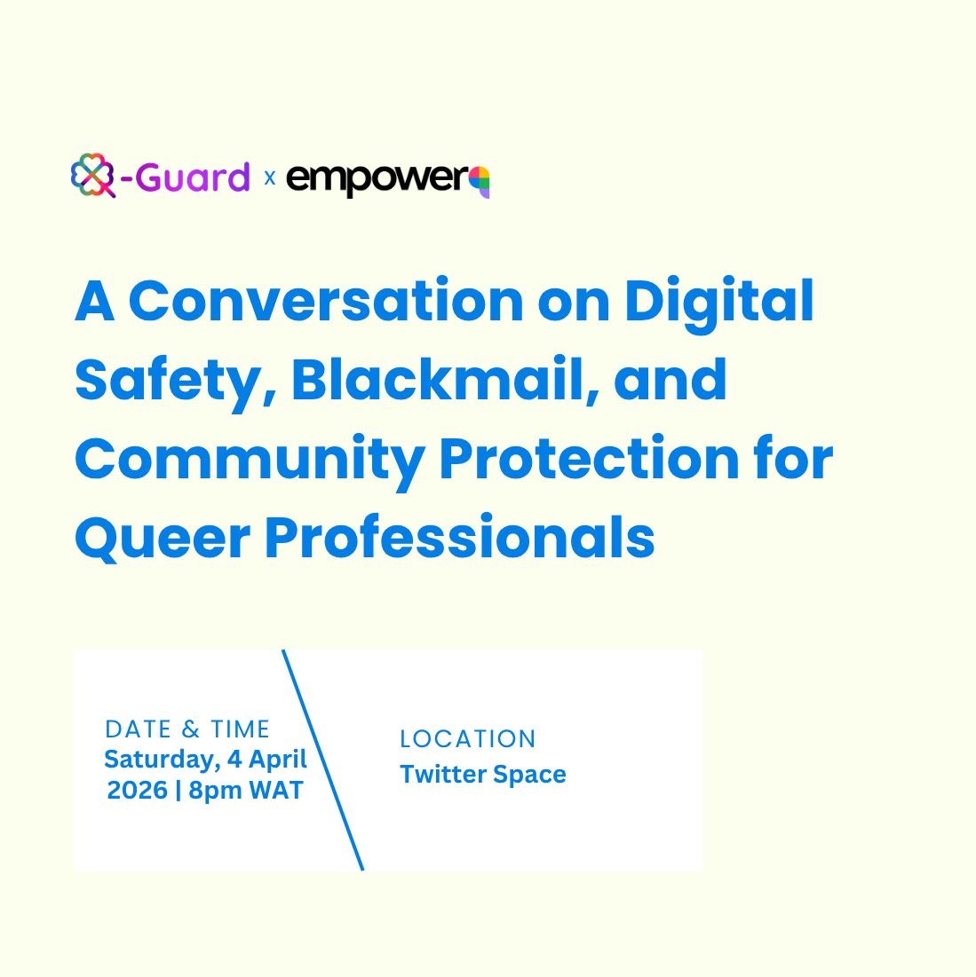 Safety for queer professionals shouldn't be something you figure out alone after the harm happens.

April 4: EmpowerQ x Q_guard

Topic: Digital safety, blackmail, and community protection.

Twitter Space. Free. Recording available after.

Register: luma.com/oqlu54x5