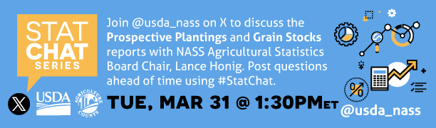 usda_nass's tweet photo. Mark your calendar for Mar. 31, 1:30 pm ET! Join
@usda_nass on X to discuss the Prospective Plantings & Grain Stocks reports with NASS Agricultural Statistics Board Chair, Lance Honig. Post questions ahead of time using #StatChat. https://t.co/uF0bBsSuVV