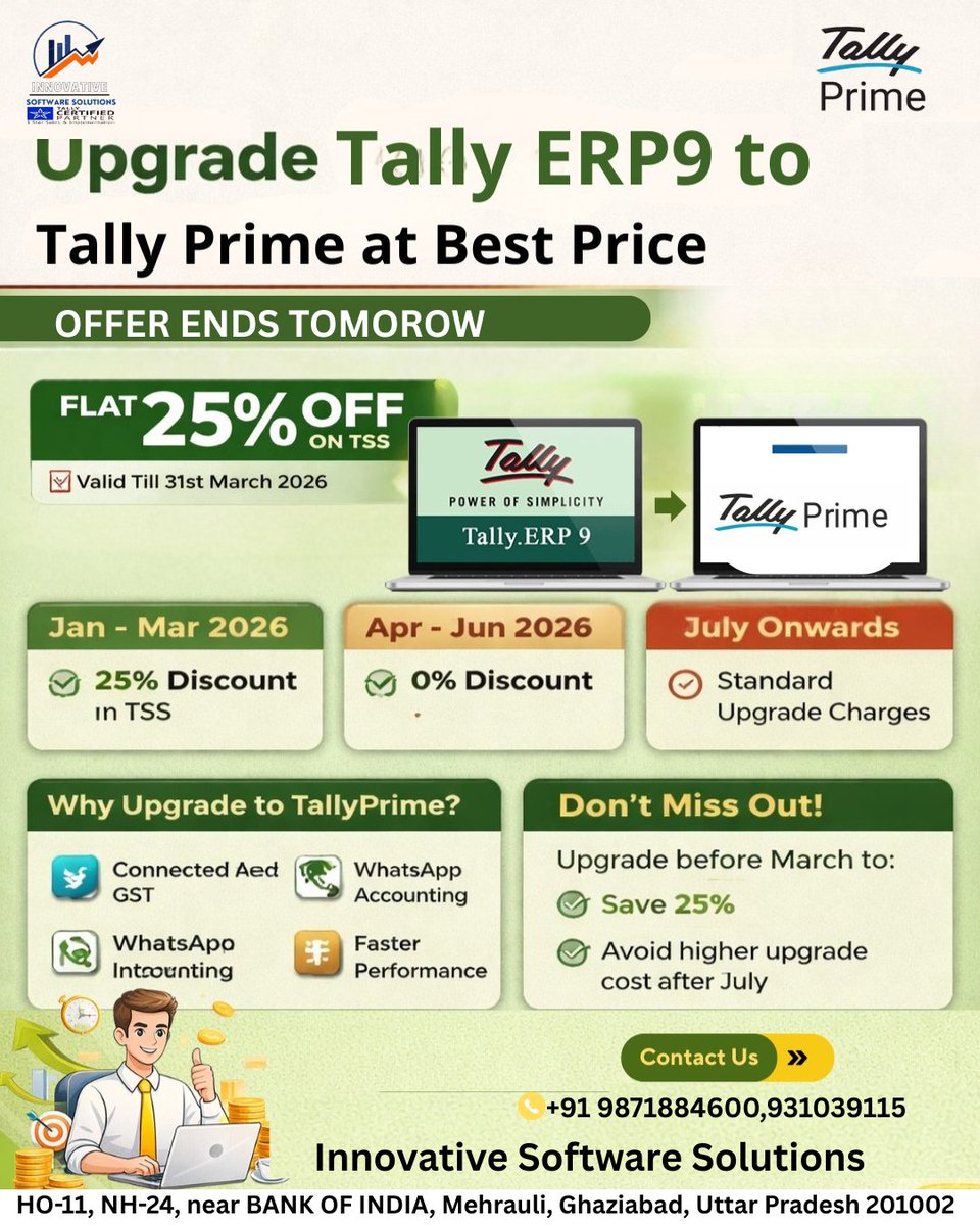 innovativetally's tweet image. 🚨 Last Chance to Save on Tally Upgrade!

Still using Tally.ERP 9?
Upgrade now to TallyPrime and enjoy a FLAT 25% DISCOUNT on TSS before the offer ends!
⏳ Offer Ends: 31st March 2026

📞 Call Now: +91 9871884600 | 9310391152

#TallyPrime #TallyUpgrade #TallyERP9