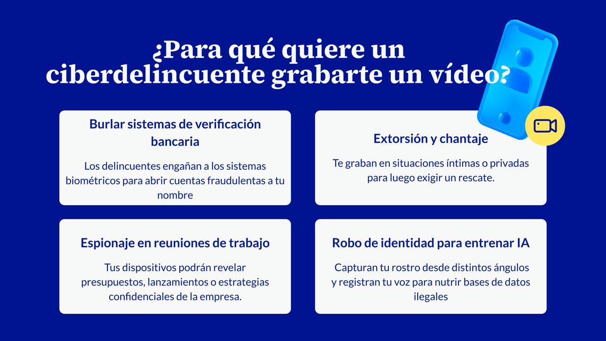 BBVA_espana's tweet image. 📱📹​ Ojo con la #cámara de tus dispositivos: el riesgo puede estar en que te la activen sin darte cuenta o en #apps con permisos abusivos (o directamente maliciosas).
Detrás, pueden intentar grabarte para cometer #fraude, suplantación o extorsión.