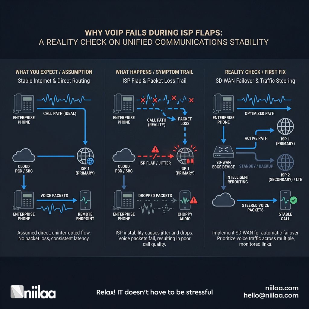 niilaaLLC's tweet image. Why VoIP fails during ISP flaps: SIP registration goes stale, NAT/RTP pinholes reset, and route changes kill media. WAN instability beats any QoS. For VoIP fails during ISP flaps troubleshooting, verify keepalives + 3CX/SBC edge stats. #VoIP #3CX