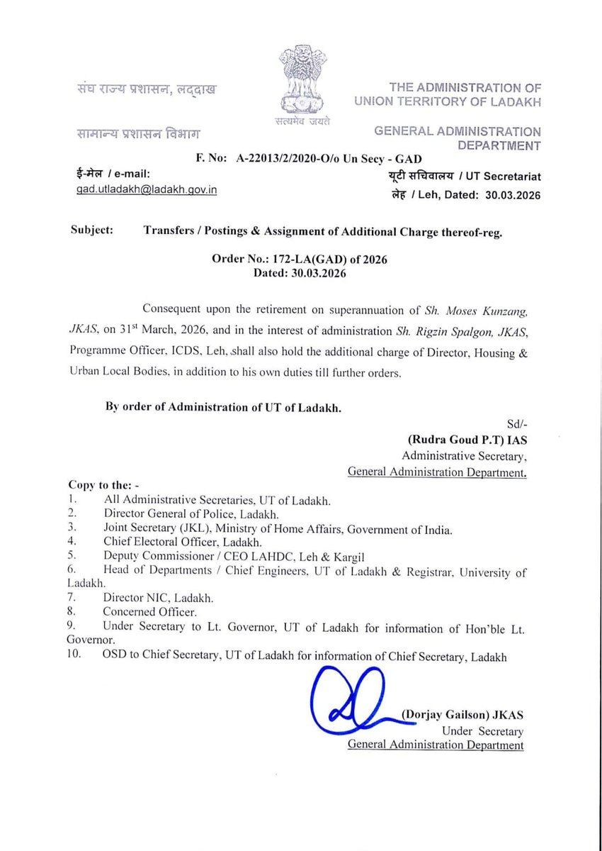 GreaterKashmir's tweet image. Shri Rigzin Spalgon, JKAS, Programme Officer, ICDS, Leh given additional charge of Director, Housing &amp;amp; Urban Local Bodies, till further orders. 

#Ladakh #UTLadakh