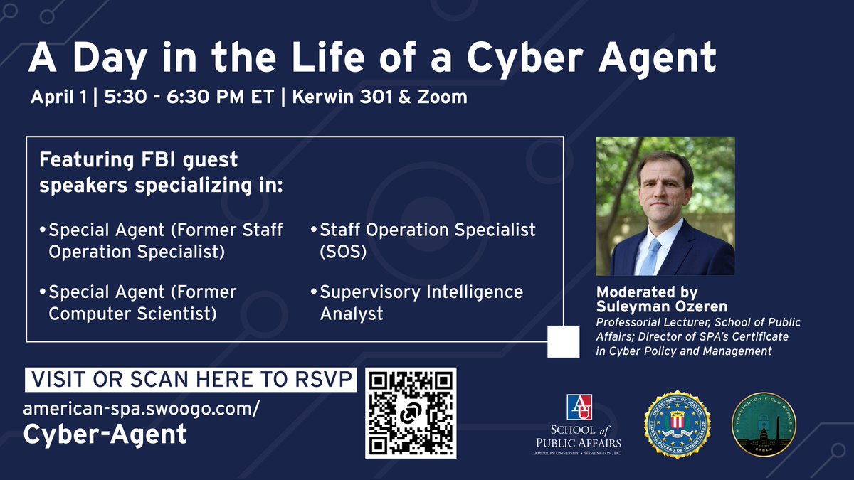 FBIWFO's tweet image. Attention, college students! #FBIWFO is partnering with @AU_SPA to host a webinar featuring special agents, an intelligence analyst, and a staff operations specialist from a #cyber squad. Tune in to learn how you can turn your degree into a career in cybersecurity. Visit