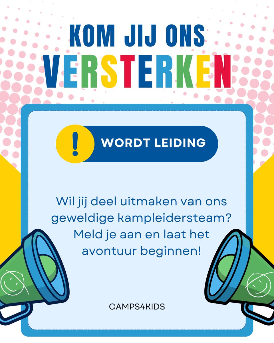 Camps4Kids's tweet photo. 🌟 Kom jij ons team versterken? We zijn op zoek naar gedreven en speelse leiding die zin heeft om samen prachtige kampmomenten te creëren! 🤝✨
Sluit je aan bij onze Camps4Kids-crew en maak een verschil! https://t.co/a4rgEnfoHF

#Camps4Kids #SummerCamps #Zomerkampen #Kinderkampen https://t.co/h8PHjbVgxc