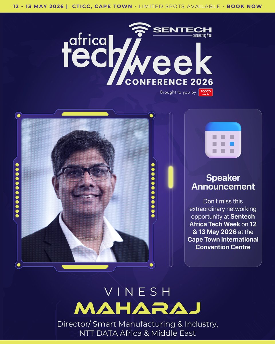 AfricaTechWeek's tweet image. RECOGNISED – VINESH MAHARAJ | Director: #SmartManufacturing &amp;amp; Industry

Driving Industry 4.0 with expertise in automation, IT/OT integration &amp;amp; Predictive AI. Nearly 30 years of transforming industrial operations.

 #Industry40 #DigitalTransformation #AI #Automation #ATW2026